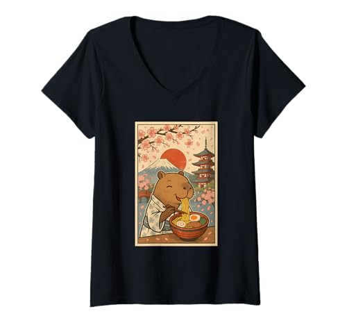 Damen Capybara isst Ramen im Kimono Mount Fuji Cherry Blossom T-Shirt mit V-Ausschnitt von Vintage Capybara Eating Ramen Japanese Aesthetic