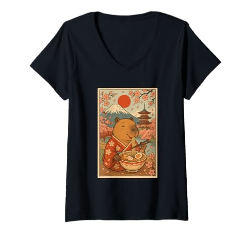 Damen Capybara isst Ramen im Kimono Mount Fuji Cherry Blossom T-Shirt mit V-Ausschnitt Damen Capybara isst Ramen im Kimono Mount Fuji Cherry Blossom T-Shirt mit V-Ausschnitt von Vintage Capybara Eating Ramen Japanese Aesthetic