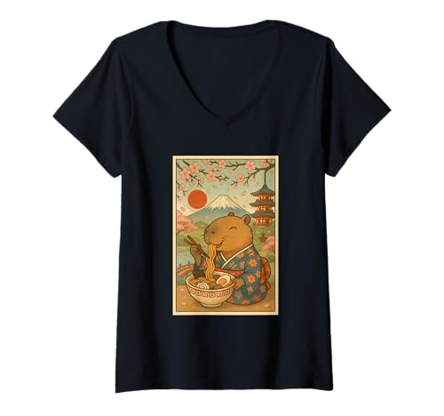 Damen Capybara isst Ramen im Kimono Mount Fuji Cherry Blossom T-Shirt mit V-Ausschnitt Damen Capybara isst Ramen im Kimono Mount Fuji Cherry Blossom T-Shirt mit V-Ausschnitt von Vintage Capybara Eating Ramen Japanese Aesthetic