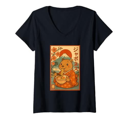 Damen Kawaii Capybara Eating Ramen Nudeln mit Sakura Mount Fuji T-Shirt mit V-Ausschnitt Damen Kawaii Capybara Eating Ramen Nudeln mit Sakura Mount Fuji T-Shirt mit V-Ausschnitt von Vintage Capybara Eating Ramen Japanese Aesthetic