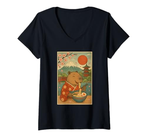 Damen Kawaii Capybara Eating Ramen im Kimono mit Sakura und Fuji T-Shirt mit V-Ausschnitt Damen Kawaii Capybara Eating Ramen im Kimono mit Sakura und Fuji T-Shirt mit V-Ausschnitt von Vintage Capybara Eating Ramen Japanese Aesthetic