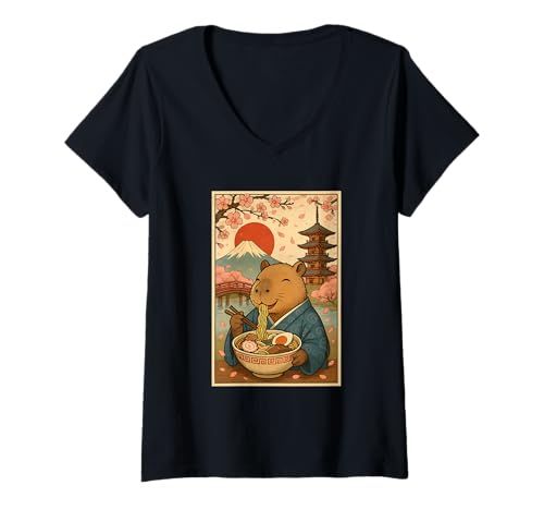 Damen Kawaii Capybara Eating Ramen im Kimono mit Sakura und Fuji T-Shirt mit V-Ausschnitt Damen Kawaii Capybara Eating Ramen im Kimono mit Sakura und Fuji T-Shirt mit V-Ausschnitt von Vintage Capybara Eating Ramen Japanese Aesthetic