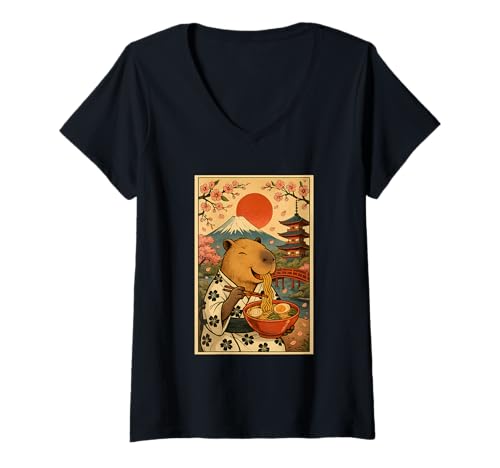 Damen Kawaii Capybara Eating Ramen im Kimono mit Sakura und Fuji T-Shirt mit V-Ausschnitt Damen Kawaii Capybara Eating Ramen im Kimono mit Sakura und Fuji T-Shirt mit V-Ausschnitt von Vintage Capybara Eating Ramen Japanese Aesthetic
