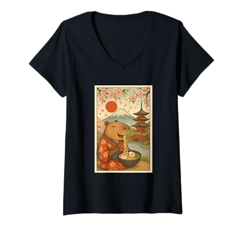 Damen Kawaii Capybara Eating Ramen mit Kirschblüten Mount Fuji T-Shirt mit V-Ausschnitt Damen Kawaii Capybara Eating Ramen mit Kirschblüten Mount Fuji T-Shirt mit V-Ausschnitt von Vintage Capybara Eating Ramen Japanese Aesthetic