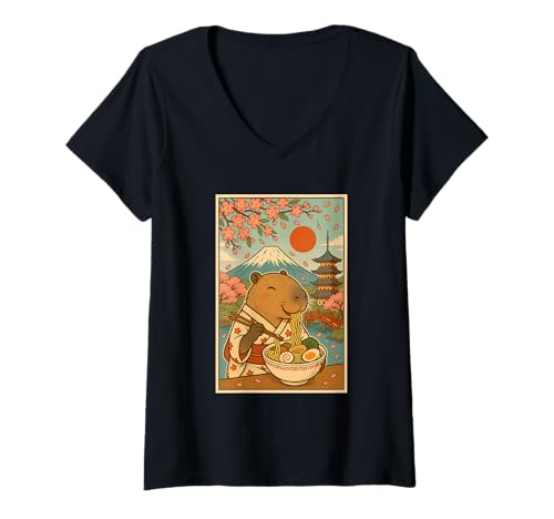 Damen Kawaii Capybara Eating Ramen mit Kirschblüten Mount Fuji T-Shirt mit V-Ausschnitt Damen Kawaii Capybara Eating Ramen mit Kirschblüten Mount Fuji T-Shirt mit V-Ausschnitt von Vintage Capybara Eating Ramen Japanese Aesthetic