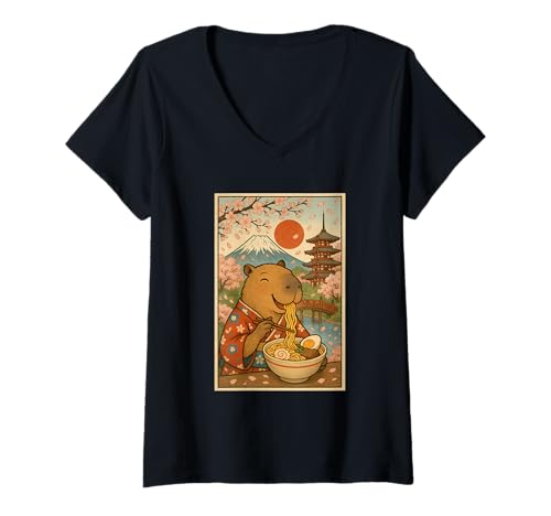 Damen Kawaii Capybara Eating Ramen mit Kirschblüten Mount Fuji T-Shirt mit V-Ausschnitt Damen Kawaii Capybara Eating Ramen mit Kirschblüten Mount Fuji T-Shirt mit V-Ausschnitt von Vintage Capybara Eating Ramen Japanese Aesthetic