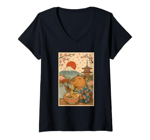 Damen Kawaii Capybara Eating Ramen mit Kirschblüten Mount Fuji T-Shirt mit V-Ausschnitt Damen Kawaii Capybara Eating Ramen mit Kirschblüten Mount Fuji T-Shirt mit V-Ausschnitt von Vintage Capybara Eating Ramen Japanese Aesthetic