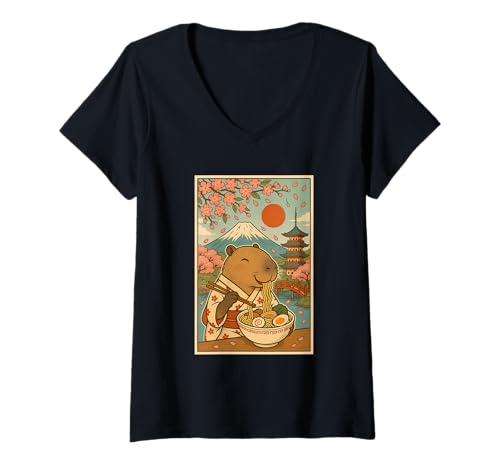 Damen Kawaii Capybara isst Ramen-Nudeln mit Sakura und Fuji T-Shirt mit V-Ausschnitt Damen Kawaii Capybara isst Ramen-Nudeln mit Sakura und Fuji T-Shirt mit V-Ausschnitt von Vintage Capybara Eating Ramen Japanese Aesthetic