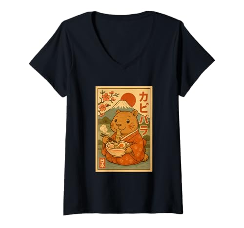 Damen Kawaii Capybara isst Ramen-Nudeln mit Sakura und Fuji T-Shirt mit V-Ausschnitt Damen Kawaii Capybara isst Ramen-Nudeln mit Sakura und Fuji T-Shirt mit V-Ausschnitt von Vintage Capybara Eating Ramen Japanese Aesthetic