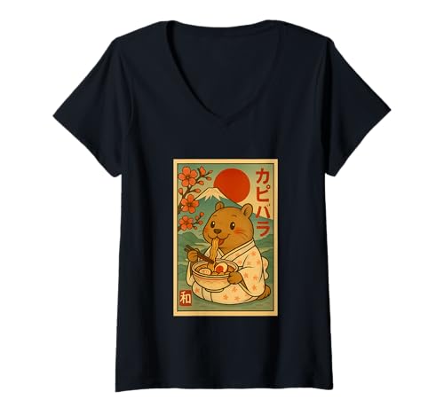 Damen Kawaii Capybara isst Ramen-Nudeln mit Sakura und Fuji T-Shirt mit V-Ausschnitt Damen Kawaii Capybara isst Ramen-Nudeln mit Sakura und Fuji T-Shirt mit V-Ausschnitt von Vintage Capybara Eating Ramen Japanese Aesthetic