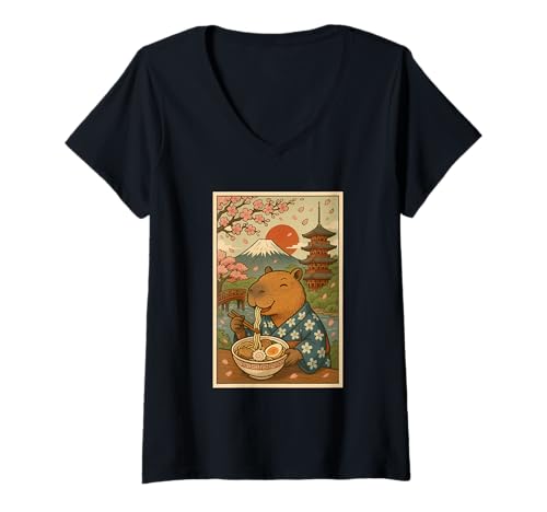 Damen Süße Capybara isst Ramen Japan Sakura Mount Fuji Pagode T-Shirt mit V-Ausschnitt Damen Süße Capybara isst Ramen Japan Sakura Mount Fuji Pagode T-Shirt mit V-Ausschnitt von Vintage Capybara Eating Ramen Japanese Aesthetic