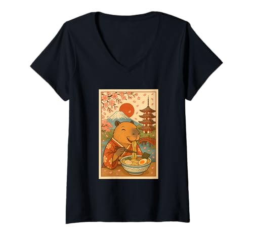 Damen Süße Capybara isst Ramen im Kimono Sakura Mount Fuji Japan T-Shirt mit V-Ausschnitt Damen Süße Capybara isst Ramen im Kimono Sakura Mount Fuji Japan T-Shirt mit V-Ausschnitt von Vintage Capybara Eating Ramen Japanese Aesthetic