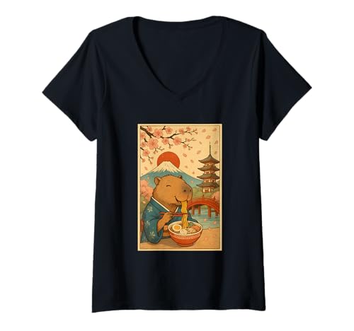 Damen Süßer Capybara Ramen Kimono Kirschblüten Mount Fuji T-Shirt mit V-Ausschnitt Damen Süßer Capybara Ramen Kimono Kirschblüten Mount Fuji T-Shirt mit V-Ausschnitt von Vintage Capybara Eating Ramen Japanese Aesthetic