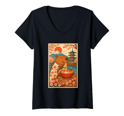 Damen Süßer Capybara Ramen Kimono Kirschblüten Mount Fuji T-Shirt mit V-Ausschnitt Damen Süßer Capybara Ramen Kimono Kirschblüten Mount Fuji T-Shirt mit V-Ausschnitt von Vintage Capybara Eating Ramen Japanese Aesthetic