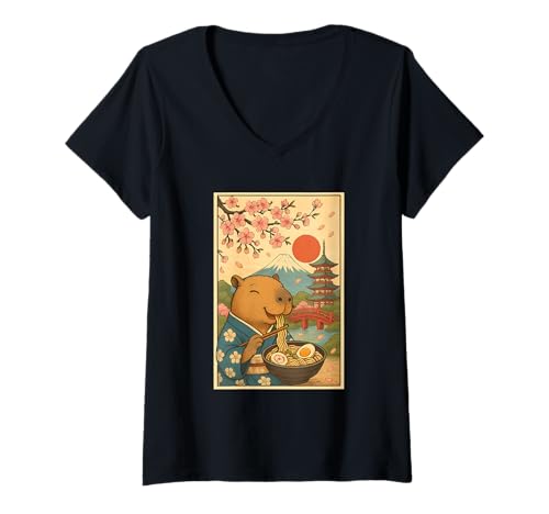 Damen Süßer Capybara Ramen Kimono Kirschblüten Mount Fuji T-Shirt mit V-Ausschnitt Damen Süßer Capybara Ramen Kimono Kirschblüten Mount Fuji T-Shirt mit V-Ausschnitt von Vintage Capybara Eating Ramen Japanese Aesthetic