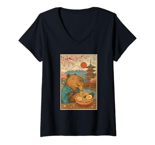 Damen Süßer Capybara Ramen Kimono Kirschblüten Mount Fuji T-Shirt mit V-Ausschnitt Damen Süßer Capybara Ramen Kimono Kirschblüten Mount Fuji T-Shirt mit V-Ausschnitt von Vintage Capybara Eating Ramen Japanese Aesthetic