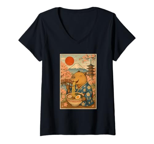 Damen Wasserschweine Essen Ramen im Kimono Kirschblüten Mount Fuji T-Shirt mit V-Ausschnitt Damen Wasserschweine Essen Ramen im Kimono Kirschblüten Mount Fuji T-Shirt mit V-Ausschnitt von Vintage Capybara Eating Ramen Japanese Aesthetic