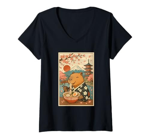 Damen Wasserschweine Essen Ramen im Kimono Mount Fuji Cherry Blossom T-Shirt mit V-Ausschnitt von Vintage Capybara Eating Ramen Japanese Aesthetic