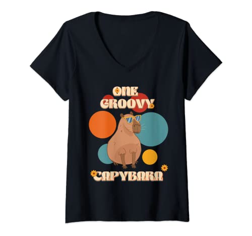 Damen Groovy Capybara In Glasses 70th Style Capy Haustier Nager Retro T-Shirt mit V-Ausschnitt von Vintage Capybara Merch Gifts