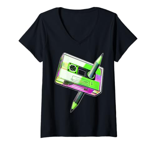 Damen 80er Jahre Kassettenbleistift 1980er Retro Vintage Musik Mixtape T-Shirt mit V-Ausschnitt von Vintage Cassette Tape Pencil 70's 80's 90's Music