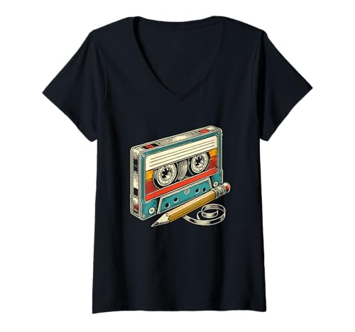 Damen Retro-Kassettenbleistift-Design T-Shirt mit V-Ausschnitt Damen Retro-Kassettenbleistift-Design T-Shirt mit V-Ausschnitt von Vintage Cassette Tape Pencil Nostalgia