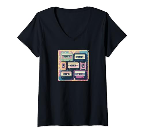 Damen Vintage Kassettenband Kollektion 80er 90er Musik Mixtape T-Shirt mit V-Ausschnitt von Vintage Cassette tapes Collection