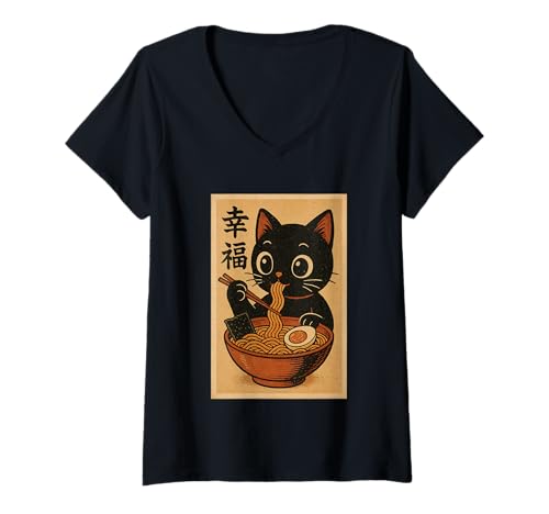 Damen Kawaii Katze frisst Ramen Nudeln Vintage Japanische Anime Katze T-Shirt mit V-Ausschnitt von Vintage Cat Eating Ramen Japanese Noodles tees