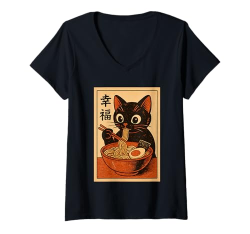 Damen Kawaii Katze frisst Ramen Nudeln Vintage Japanische Anime Katze T-Shirt mit V-Ausschnitt Damen Kawaii Katze frisst Ramen Nudeln Vintage Japanische Anime Katze T-Shirt mit V-Ausschnitt von Vintage Cat Eating Ramen Japanese Noodles tees