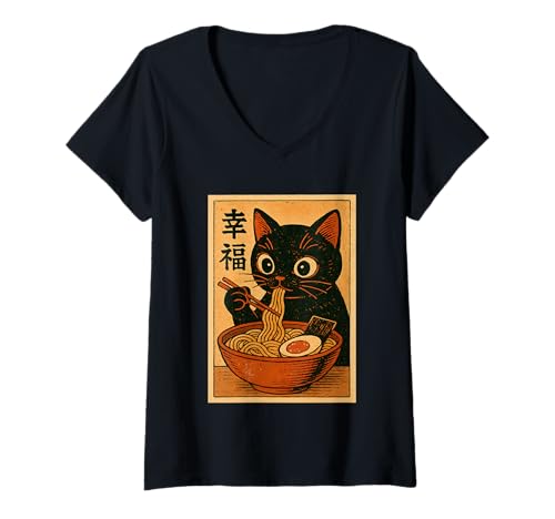Damen Kawaii Katze frisst Ramen Nudeln Vintage Japanische Anime Katze T-Shirt mit V-Ausschnitt Damen Kawaii Katze frisst Ramen Nudeln Vintage Japanische Anime Katze T-Shirt mit V-Ausschnitt von Vintage Cat Eating Ramen Japanese Noodles tees