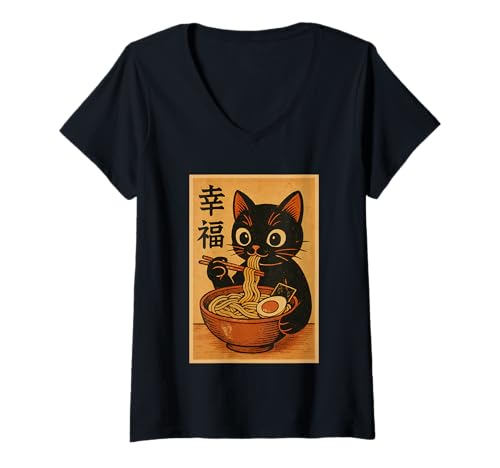 Damen Kawaii Katze frisst Ramen Nudeln Vintage Japanische Anime Katze T-Shirt mit V-Ausschnitt Damen Kawaii Katze frisst Ramen Nudeln Vintage Japanische Anime Katze T-Shirt mit V-Ausschnitt von Vintage Cat Eating Ramen Japanese Noodles tees