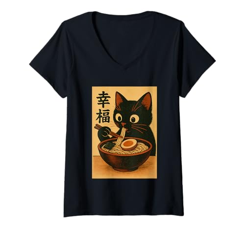 Damen Kawaii Katze frisst Ramen Nudeln Vintage Japanische Anime Katze T-Shirt mit V-Ausschnitt von Vintage Cat Eating Ramen Japanese Noodles tees