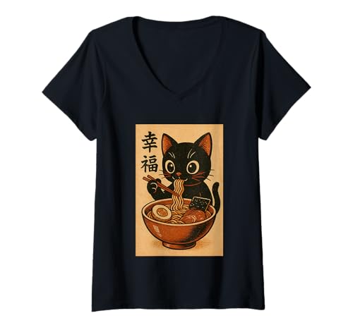 Damen Kawaii Katze frisst Ramen Nudeln Vintage Japanische Anime Katze T-Shirt mit V-Ausschnitt von Vintage Cat Eating Ramen Japanese Noodles tees