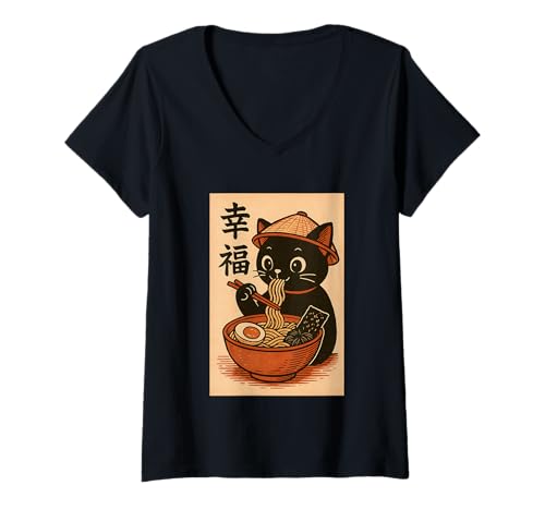 Damen Kawaii Katze frisst Ramen Nudeln Vintage Japanische Anime Katze T-Shirt mit V-Ausschnitt Damen Kawaii Katze frisst Ramen Nudeln Vintage Japanische Anime Katze T-Shirt mit V-Ausschnitt von Vintage Cat Eating Ramen Japanese Noodles tees