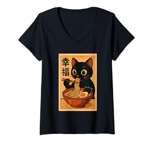 Damen Kawaii Schwarze Katze Slurping Ramen Japanische Retro Anime Grafik T-Shirt mit V-Ausschnitt Damen Kawaii Schwarze Katze Slurping Ramen Japanische Retro Anime Grafik T-Shirt mit V-Ausschnitt von Vintage Cat Eating Ramen Japanese Noodles tees