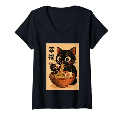 Damen Kawaii Schwarze Katze Slurping Ramen Japanische Retro Anime Grafik T-Shirt mit V-Ausschnitt von Vintage Cat Eating Ramen Japanese Noodles tees