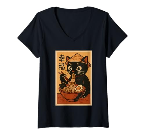 Damen Kawaii Schwarze Katze Slurping Ramen Japanische Retro Anime Katze T-Shirt mit V-Ausschnitt Damen Kawaii Schwarze Katze Slurping Ramen Japanische Retro Anime Katze T-Shirt mit V-Ausschnitt von Vintage Cat Eating Ramen Japanese Noodles tees