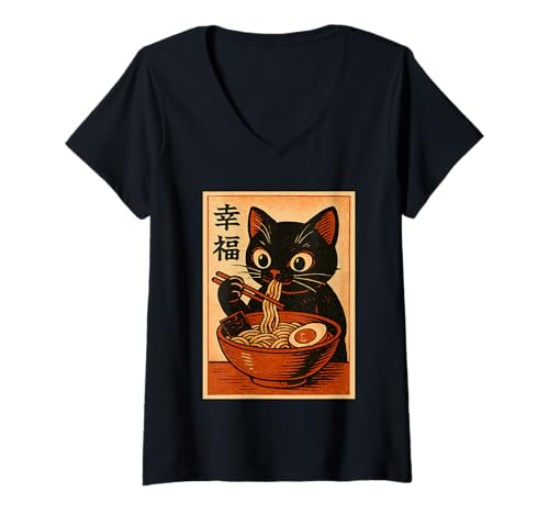 Damen Kawaii Schwarze Katze Slurping Ramen Japanische Retro Anime Katze T-Shirt mit V-Ausschnitt von Vintage Cat Eating Ramen Japanese Noodles tees