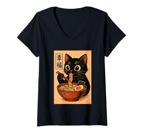Damen Kawaii Schwarze Katze Slurping Ramen Japanische Retro Anime Katze T-Shirt mit V-Ausschnitt von Vintage Cat Eating Ramen Japanese Noodles tees