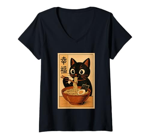Damen Kawaii Schwarze Katze Slurping Ramen Japanische Retro Anime Katze T-Shirt mit V-Ausschnitt von Vintage Cat Eating Ramen Japanese Noodles tees