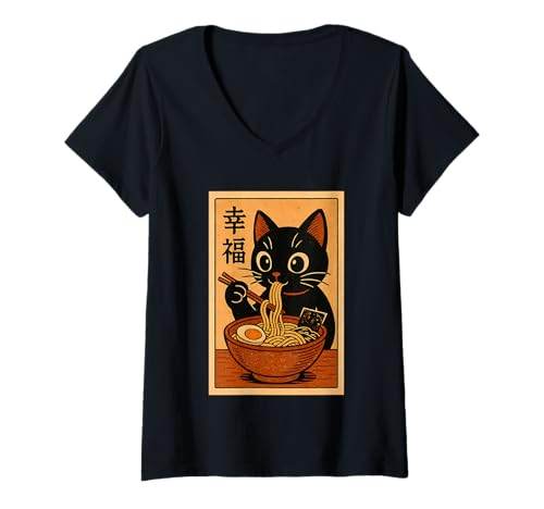Damen Kawaii Schwarze Katze Slurping Ramen Japanische Retro Anime Katze T-Shirt mit V-Ausschnitt Damen Kawaii Schwarze Katze Slurping Ramen Japanische Retro Anime Katze T-Shirt mit V-Ausschnitt von Vintage Cat Eating Ramen Japanese Noodles tees