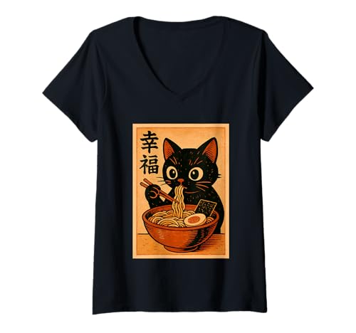 Damen Kawaii Schwarze Katze Slurping Ramen Japanische Retro Anime Katze T-Shirt mit V-Ausschnitt von Vintage Cat Eating Ramen Japanese Noodles tees