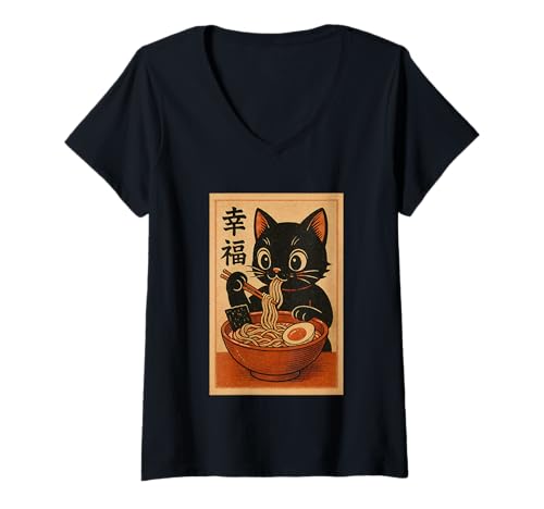 Damen Kawaii Schwarze Katze Slurping Ramen Japanische Retro Anime Katze T-Shirt mit V-Ausschnitt von Vintage Cat Eating Ramen Japanese Noodles tees