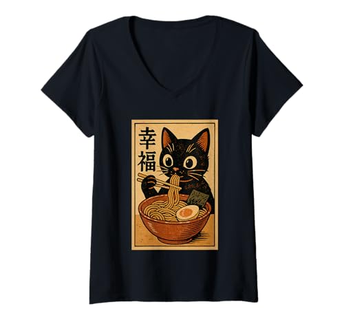 Damen Retro Japanische Kawaii Katze frisst Ramen Anime Nudeln Grafik T-Shirt mit V-Ausschnitt von Vintage Cat Eating Ramen Japanese Noodles tees