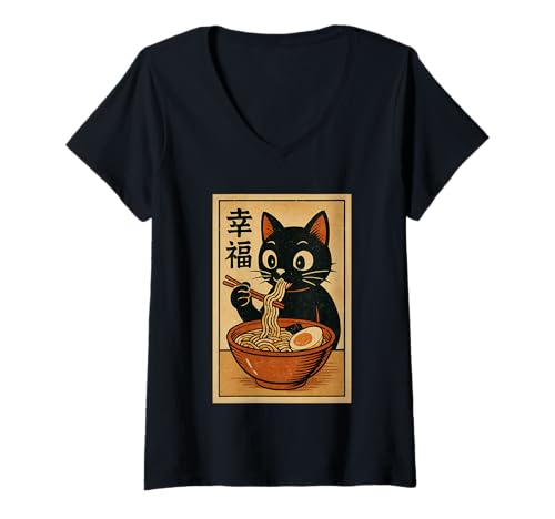 Damen Retro Japanische Kawaii Katze frisst Ramen Anime Nudeln Kunst T-Shirt mit V-Ausschnitt Damen Retro Japanische Kawaii Katze frisst Ramen Anime Nudeln Kunst T-Shirt mit V-Ausschnitt von Vintage Cat Eating Ramen Japanese Noodles tees