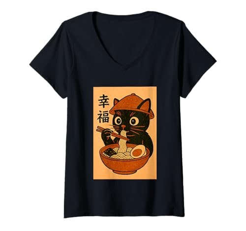 Damen Süße Kawaii-Katze frisst Ramen-Nudel Retro Japanische Anime-Katze T-Shirt mit V-Ausschnitt von Vintage Cat Eating Ramen Japanese Noodles tees