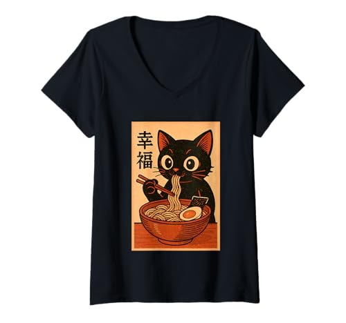 Damen Süße Kawaii-Katze frisst Ramen-Nudel Retro Japanische Anime-Katze T-Shirt mit V-Ausschnitt von Vintage Cat Eating Ramen Japanese Noodles tees