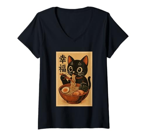 Damen Süße Kawaii-Katze frisst Ramen-Nudel Retro Japanische Anime-Katze T-Shirt mit V-Ausschnitt Damen Süße Kawaii-Katze frisst Ramen-Nudel Retro Japanische Anime-Katze T-Shirt mit V-Ausschnitt von Vintage Cat Eating Ramen Japanese Noodles tees