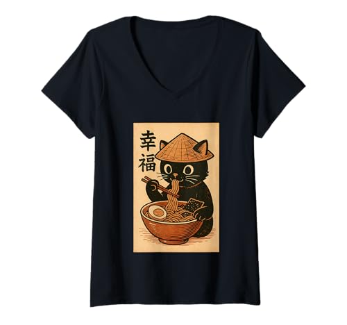 Damen Süße Kawaii-Katze frisst Ramen-Nudel Retro Japanische Anime-Katze T-Shirt mit V-Ausschnitt von Vintage Cat Eating Ramen Japanese Noodles tees