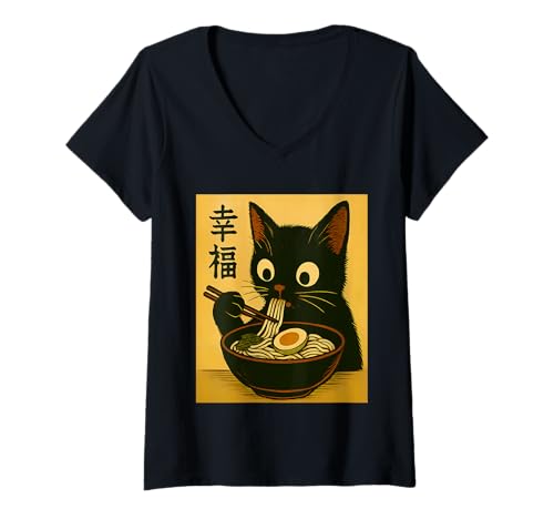 Damen Süße Kawaii-Katze frisst Ramen-Nudel Retro Japanische Anime-Katze T-Shirt mit V-Ausschnitt von Vintage Cat Eating Ramen Japanese Noodles tees