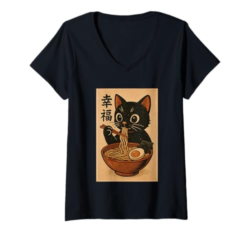 Damen Süße Kawaii-Katze frisst Ramen-Nudel Retro Japanische Anime-Katze T-Shirt mit V-Ausschnitt Damen Süße Kawaii-Katze frisst Ramen-Nudel Retro Japanische Anime-Katze T-Shirt mit V-Ausschnitt von Vintage Cat Eating Ramen Japanese Noodles tees